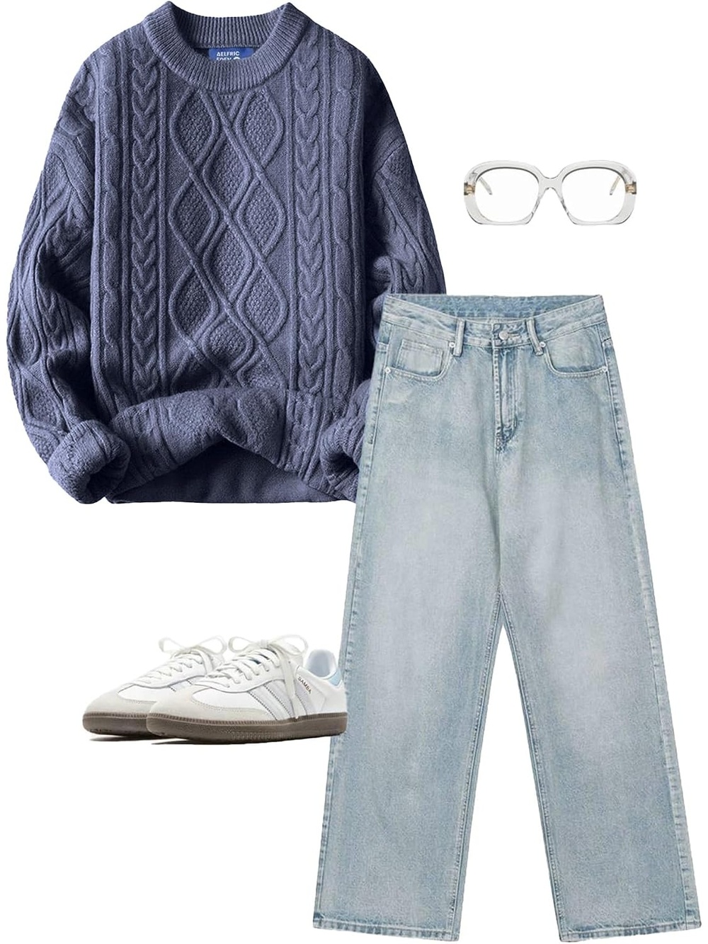 Women's Haze Blue Crewneck Pullover Long Sleeve Vintage Cable Oversized Sweater